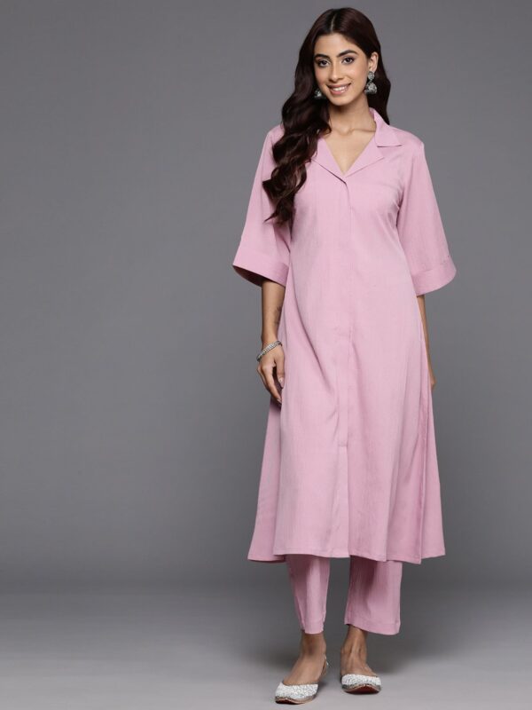 Shirt Collar Roll Up Flared Sleeves Pink A-Line Front Slit Kurta with Pant (Set of 2)