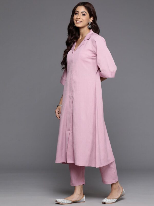 Shirt Collar Roll Up Flared Sleeves Pink A-Line Front Slit Kurta with Pant (Set of 2)