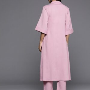 Shirt Collar Roll Up Flared Sleeves Pink A-Line Front Slit Kurta with Pant (Set of 2)