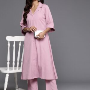 Shirt Collar Roll Up Flared Sleeves Pink A-Line Front Slit Kurta with Pant (Set of 2)