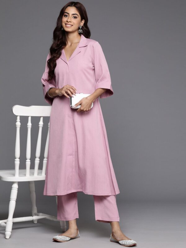 Shirt Collar Roll Up Flared Sleeves Pink A-Line Front Slit Kurta with Pant (Set of 2)