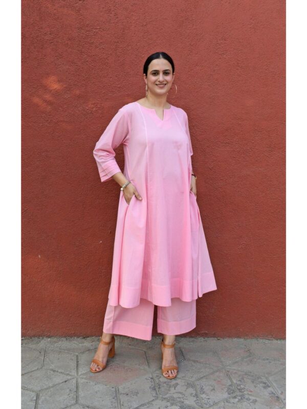 Light Pink A Line Cotton Panels Kurta and Pant (Set of 2)