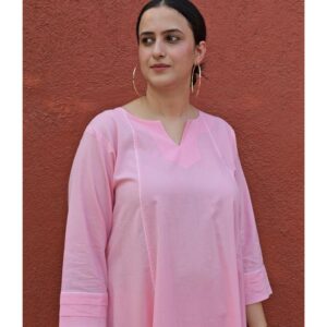 Light Pink A Line Cotton Panels Kurta and Pant (Set of 2)