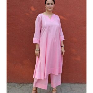 Light Pink A Line Cotton Panels Kurta and Pant (Set of 2)