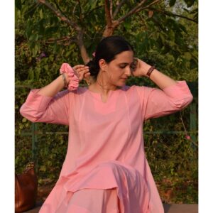 Light Pink A Line Cotton Panels Kurta and Pant (Set of 2)