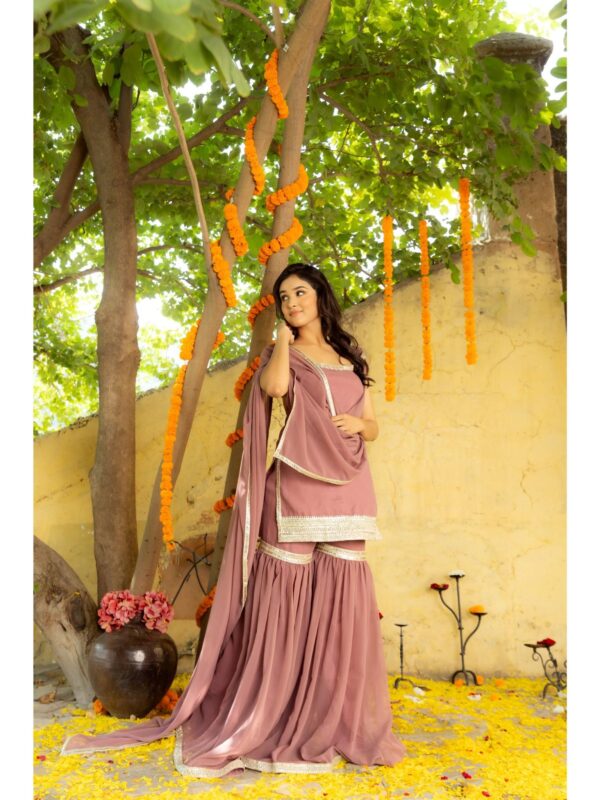 Avya Mauve Detailed Sharara with Short Kurta and Dupatta (Set of 3)