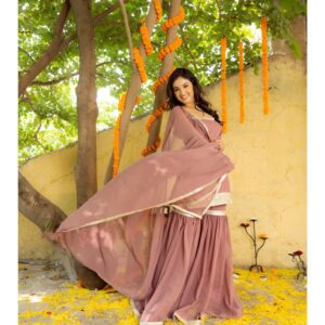 Avya Mauve Detailed Sharara with Short Kurta and Dupatta (Set of 3)