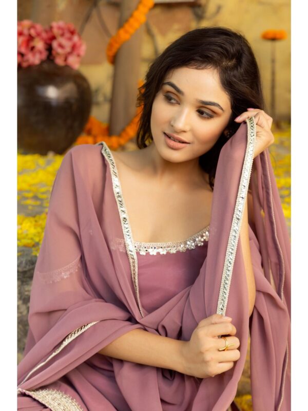 Avya Mauve Detailed Sharara with Short Kurta and Dupatta (Set of 3)