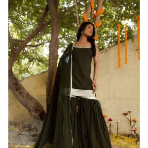 Firdaus Mehendi Green Detailed Sharara with Short Kurta and Dupatta (Set of 3)