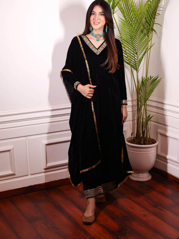 Black A-Line Velvet Kurta & Palazzo With Dupatta Suit (Set of 3)