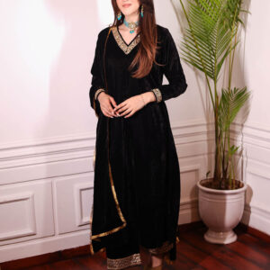 Black A-Line Velvet Kurta & Palazzo With Dupatta Suit (Set of 3)