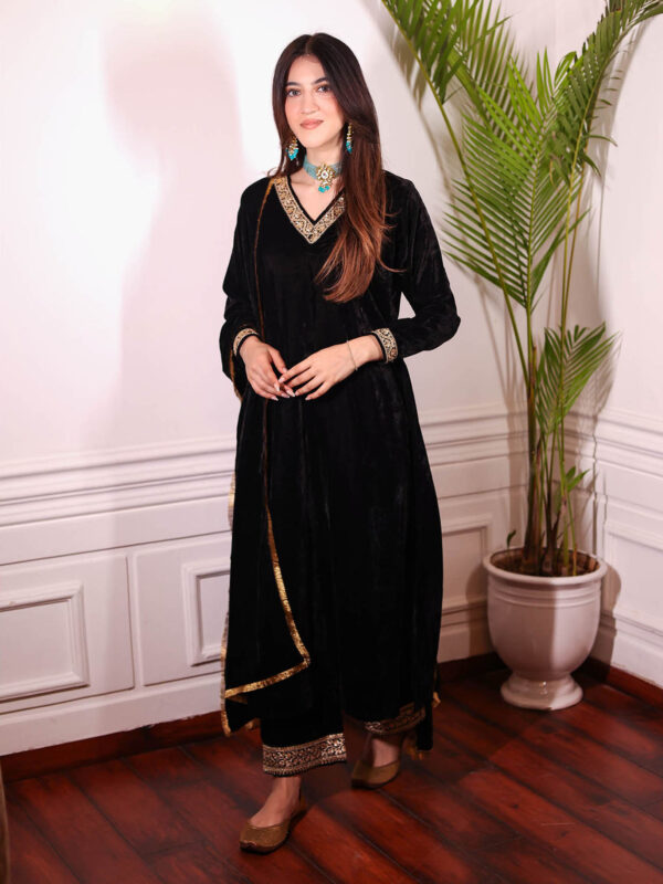 Black A-Line Velvet Kurta & Palazzo With Dupatta Suit (Set of 3)