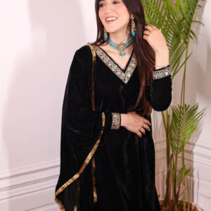 Black A-Line Velvet Kurta & Palazzo With Dupatta Suit (Set of 3)