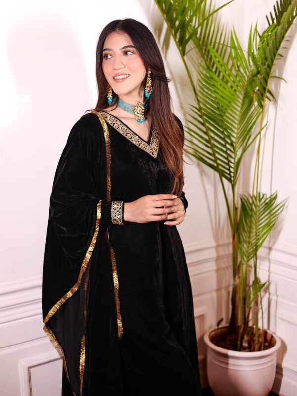 Black A-Line Velvet Kurta & Palazzo With Dupatta Suit (Set of 3)