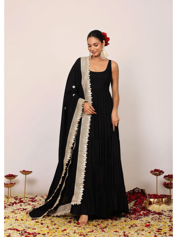 Black Solid Anarkali Kurta with Gota Work at Border Dupatta (Set of 2)