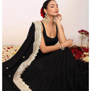 Black Solid Anarkali Kurta with Gota Work at Border Dupatta (Set of 2)