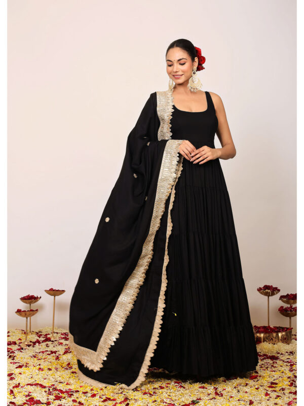 Black Solid Anarkali Kurta with Gota Work at Border Dupatta (Set of 2)