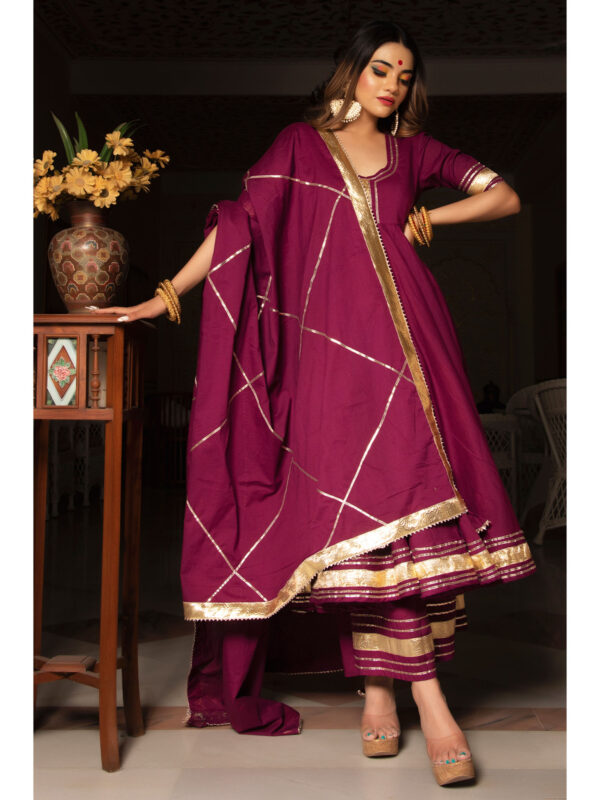 Burgundy Pure Cotton Anarkali (Set of 3)