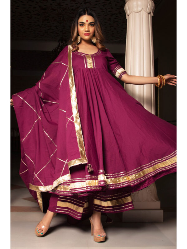 Burgundy Pure Cotton Anarkali (Set of 3)